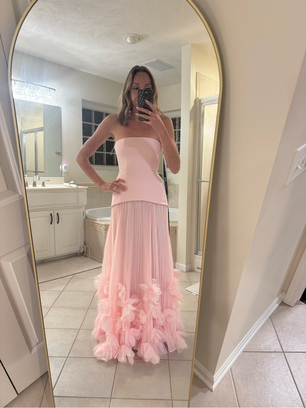 Strapless Blush Pink Maxi Dress with Floral Hem Wedding Guest/Bridesmaid
